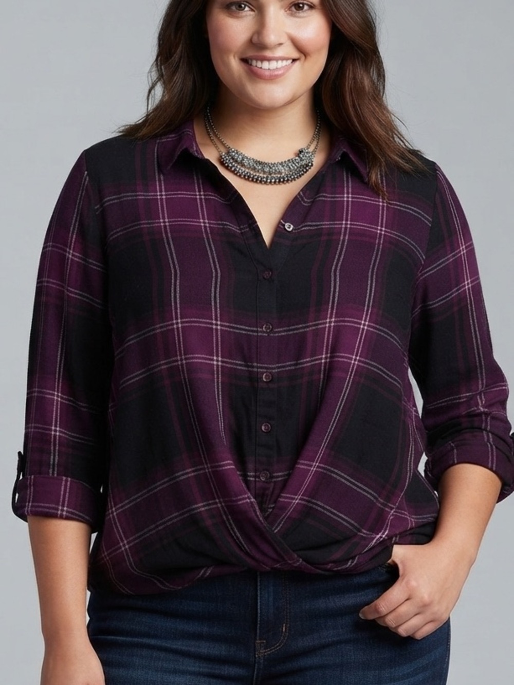 😍SHOW SPECIAL REITMANS Purple Plaid Button Front Shirt Twist Hem 2X
